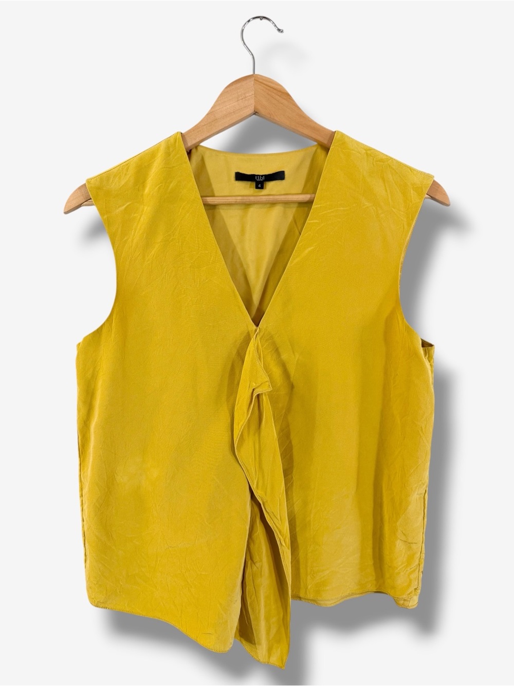 Tibi Yellow Silk Sleeveless Blouse Size 4 Ruffle Accent Tank Office V-Neck
